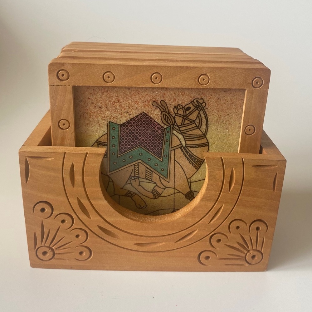 Moroccan 6 Coasters Set Wood and Glass Hand Painted Camels Vintage